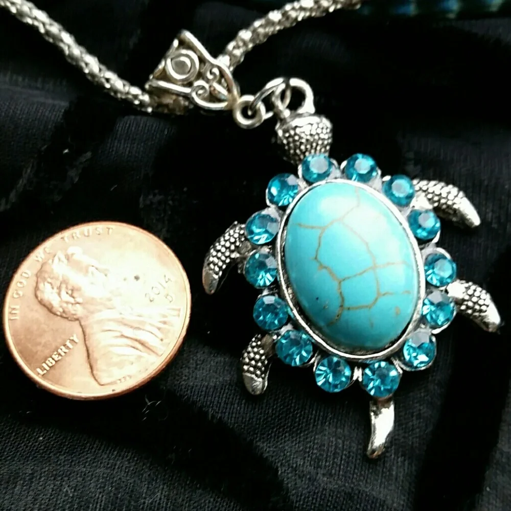 Turtle necklace with turquoise and rhinestones